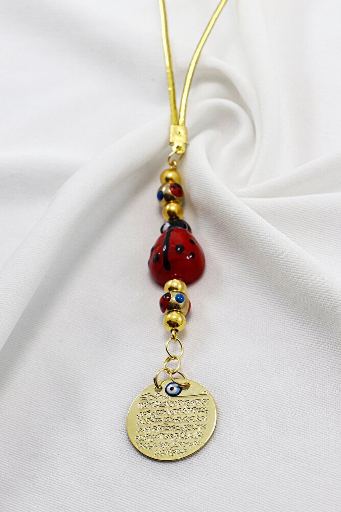 Gold Renkli Cam Uğur Böcekli Metal Ayetel Kürsi Dualı Dikiz Ayna Süsü, Yeni Araba Hediyesi