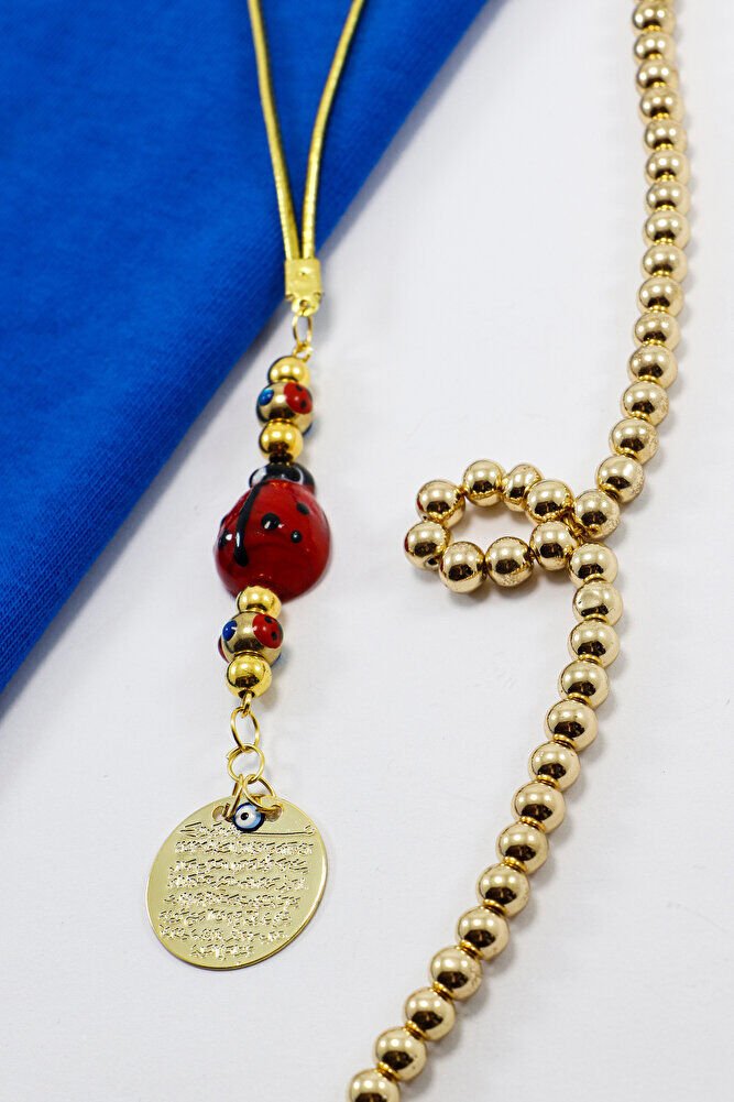 Gold Renkli Cam Uğur Böcekli Metal Ayetel Kürsi Dualı Dikiz Ayna Süsü, Yeni Araba Hediyesi