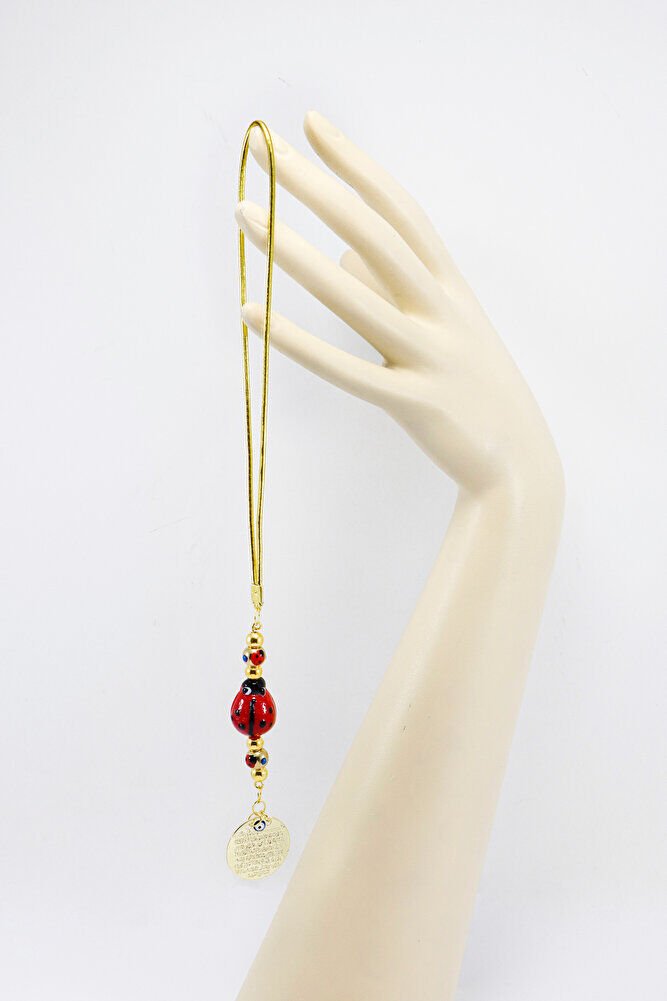 Gold Renkli Cam Uğur Böcekli Metal Ayetel Kürsi Dualı Dikiz Ayna Süsü, Yeni Araba Hediyesi