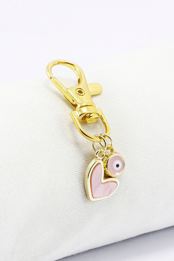 Pembe Kalp Nazar Boncuğu Klipsli Gold Renkli Cüzdan Süsü Charm Çanta Süsü Anahtarlık