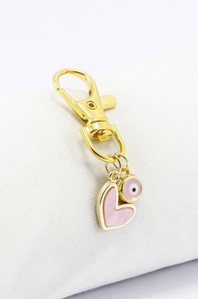 Pembe Kalp Nazar Boncuğu Klipsli Gold Renkli Cüzdan Süsü Charm Çanta Süsü Anahtarlık