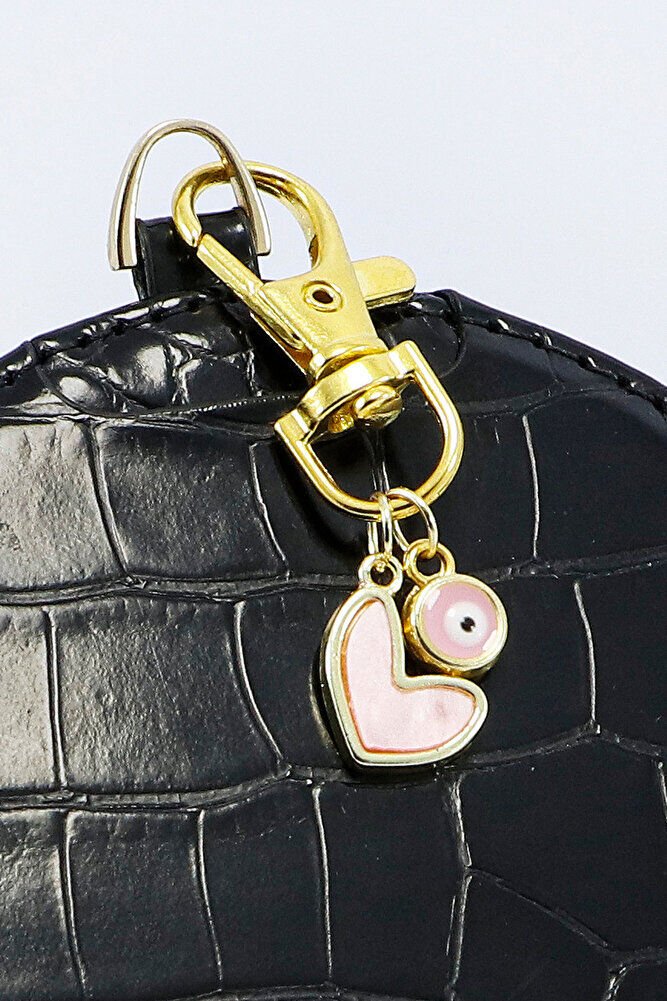Pembe Kalp Nazar Boncuğu Klipsli Gold Renkli Cüzdan Süsü Charm Çanta Süsü Anahtarlık