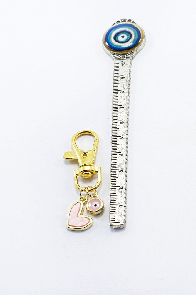 Pembe Kalp Nazar Boncuğu Klipsli Gold Renkli Cüzdan Süsü Charm Çanta Süsü Anahtarlık