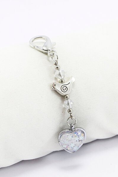 Kristal Boncuklu Metal Kuş Sedefli Kalp Klipsli Cüzdan Süsü Charm Çanta Süsü Anahtarlık