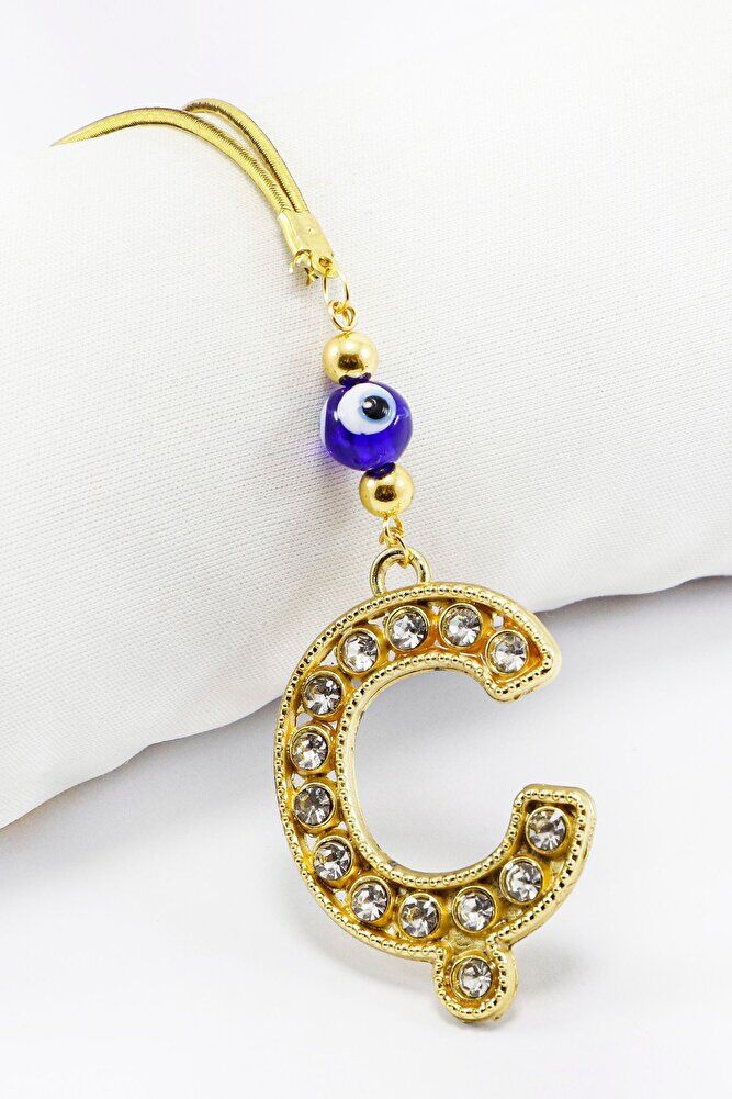 Gold Renkli Parlak Taşlı Ç Harfi Araba Dikiz Ayna Süsü, Yeni Harfli Araba Hediyesi