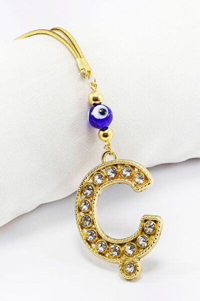 Gold Renkli Parlak Taşlı Ç Harfi Araba Dikiz Ayna Süsü, Yeni Harfli Araba Hediyesi