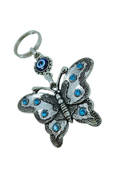 Turkuaz Taşlı Kelebek Eskitme Metal Anahtarlık / Dikiz Ayna Süsü Nazar Boncuğu Hediyelik Aksesuar