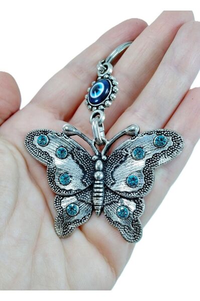 Turkuaz Taşlı Kelebek Eskitme Metal Anahtarlık / Dikiz Ayna Süsü Nazar Boncuğu Hediyelik Aksesuar
