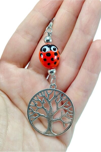 Cam El Yapımı Uğur Böceği Metal Hayat Ağacı Figürlü Araba Dikiz Ayna Süsü Hediyelik Aksesuar