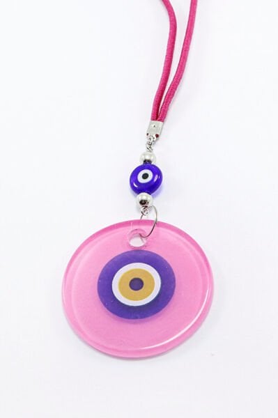 El Yapımı Yassı Cam Nazar Boncuklu Pembe Cam Nazarlı Araba Dikiz Ayna Süsü, Yeni Araba Hediyesi