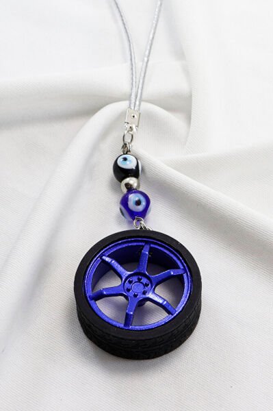 Glass Evil Eye Beaded Navy Blue Rim Mini Wheel Car Rearview Mirror Ornament, New Car Gift