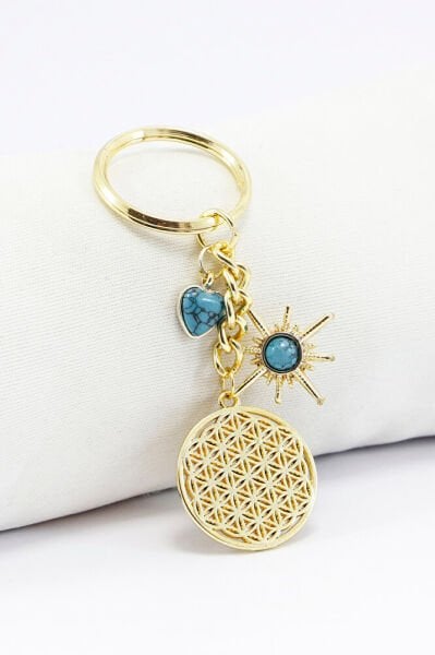 Firuze Taşlı Gold Renkli Metal Yaşam Çiçeği Anahtarlık, Kalpli Güneşli Küçük Çanta Süsü