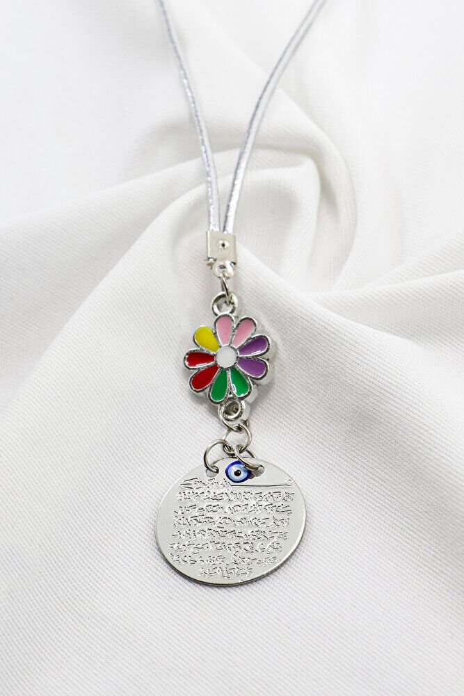 Renkli Papatyalı Metal Ayetel Kürsi Dualı Dikiz Ayna Süsü, Yeni Araba Hediyesi