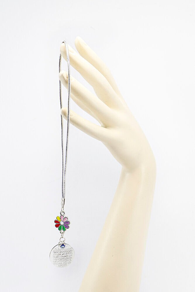 Renkli Papatyalı Metal Ayetel Kürsi Dualı Dikiz Ayna Süsü, Yeni Araba Hediyesi