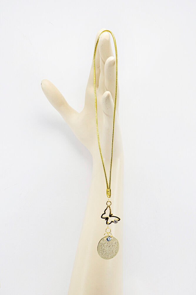 Gold Renkli Metal Dikiz Ayna Süsü, Kelebek Nazar Boncuğu Ayetel Kürsi Yeni Araba Hediyesi