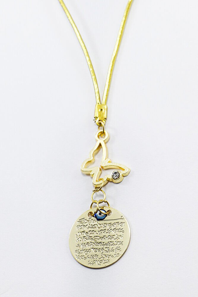 Gold Renkli Metal Dikiz Ayna Süsü, Kelebek Nazar Boncuğu Ayetel Kürsi Yeni Araba Hediyesi