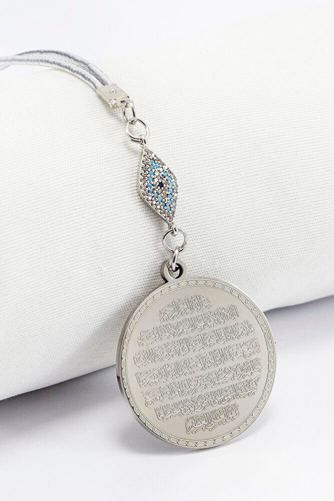 Zirkon Taşlı Nazar Gümüş Renkli Ayetel Kürsi Nazar Ayeti Paslanmaz Çelik Araba Dikiz Ayna Süsü