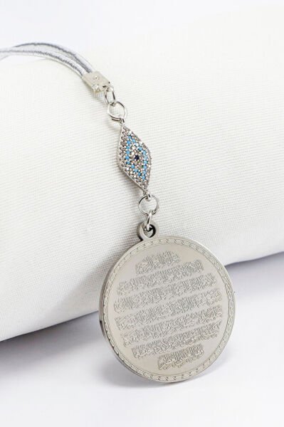 Zirkon Taşlı Nazar Gümüş Renkli Ayetel Kürsi Nazar Ayeti Paslanmaz Çelik Araba Dikiz Ayna Süsü