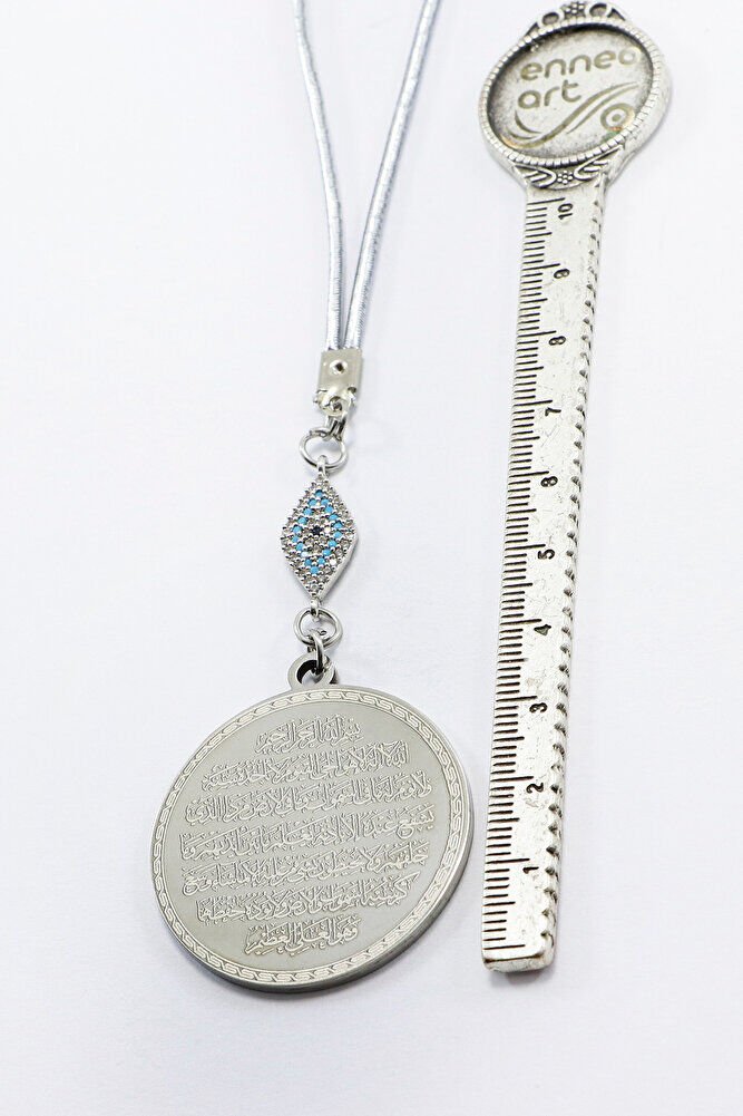 Zirkon Taşlı Nazar Gümüş Renkli Ayetel Kürsi Nazar Ayeti Paslanmaz Çelik Araba Dikiz Ayna Süsü