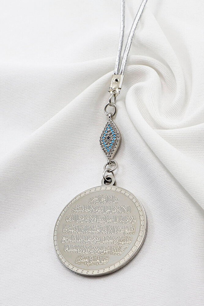 Zirkon Taşlı Nazar Gümüş Renkli Ayetel Kürsi Nazar Ayeti Paslanmaz Çelik Araba Dikiz Ayna Süsü