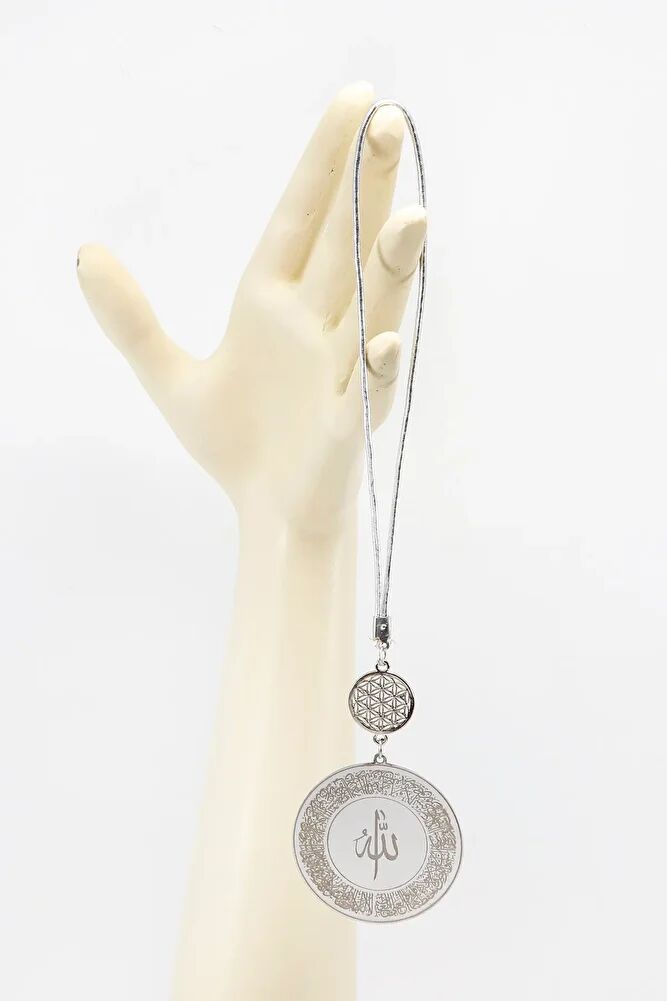 Gümüş Renkli Ayetel Kürsi Allah Lafzı Felak Nas İhlas Paslanmaz Çelik Araba Ayna Süsü(Plaka 4,5cm)