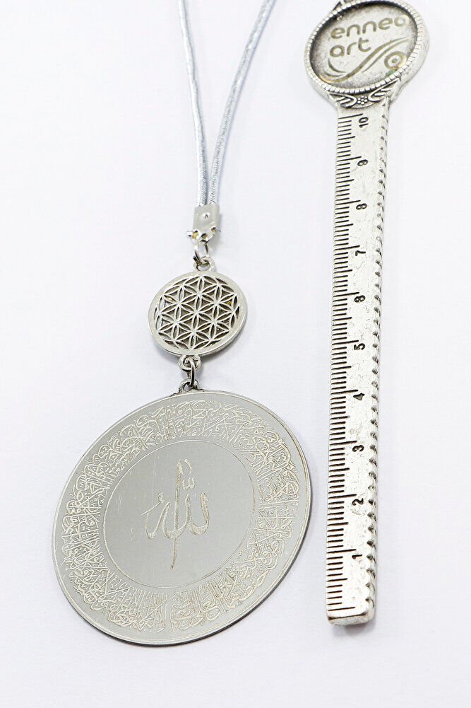 Gümüş Renkli Ayetel Kürsi Allah Lafzı Felak Nas İhlas Paslanmaz Çelik Araba Ayna Süsü(Plaka 4,5cm)