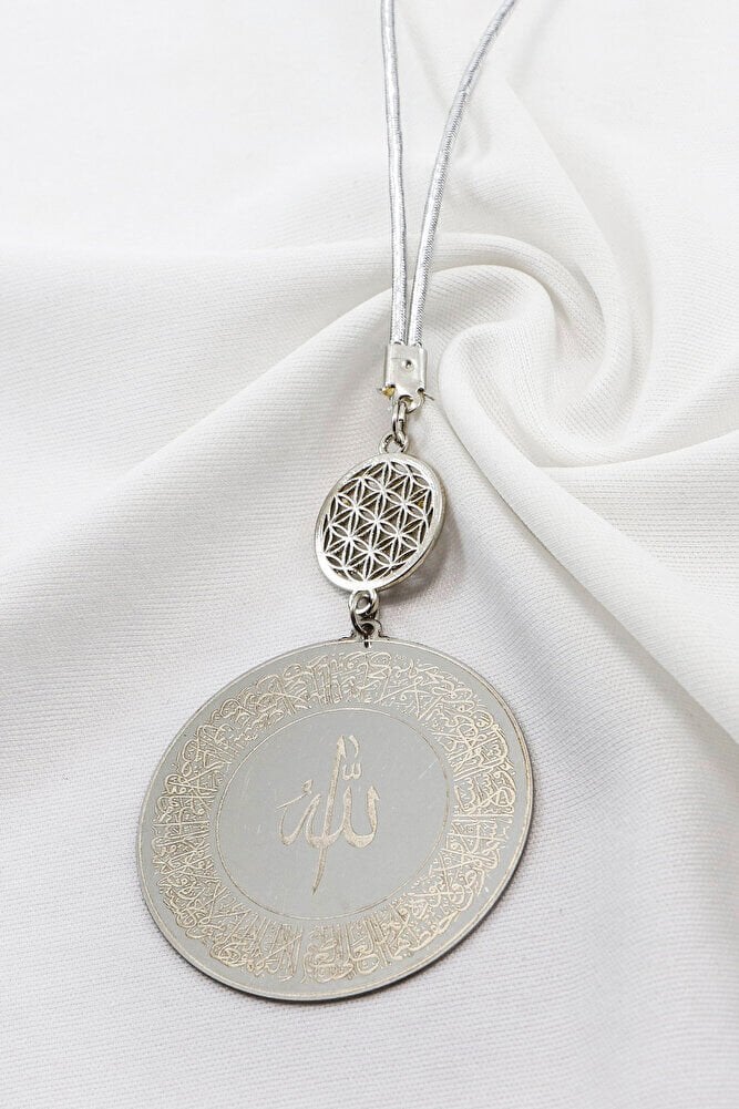 Gümüş Renkli Ayetel Kürsi Allah Lafzı Felak Nas İhlas Paslanmaz Çelik Araba Ayna Süsü(Plaka 4,5cm)