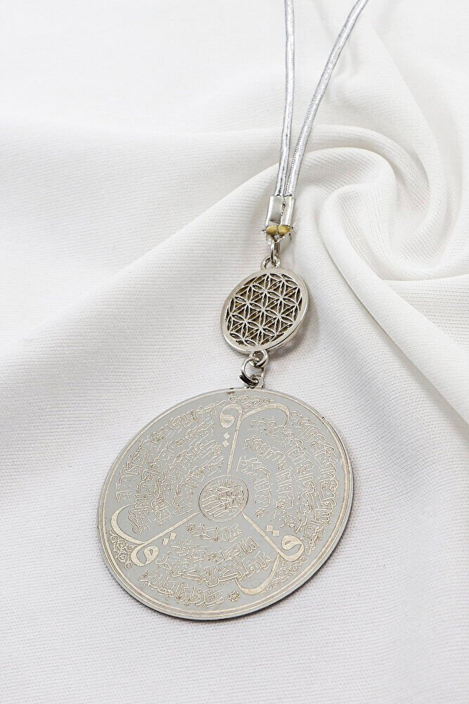 Gümüş Renkli Ayetel Kürsi Allah Lafzı Felak Nas İhlas Paslanmaz Çelik Araba Ayna Süsü(Plaka 4,5cm)