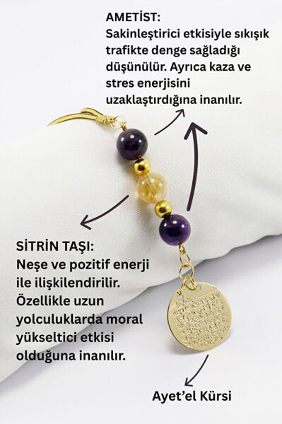 Doğal Taşlı Metal Ayetel Kürsi Dualı Araba Dikiz Ayna Süsü, Ametist ve Sitrin Taşı