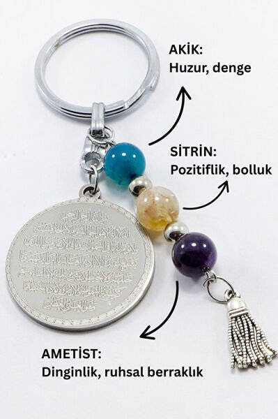 Çelik Çift Taraflı Ayetel Kürsi Nazar Ayeti Anahtarlık, Doğal Taş Akik, Sitrin Taşı, Ametist