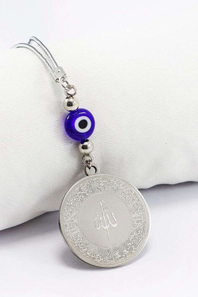 Yassı Nazarlı Gümüş Renkli Ayetel Kürsi Allah Lafzı Felak Nas İhlas Paslanmaz Çelik Araba Ayna Süsü