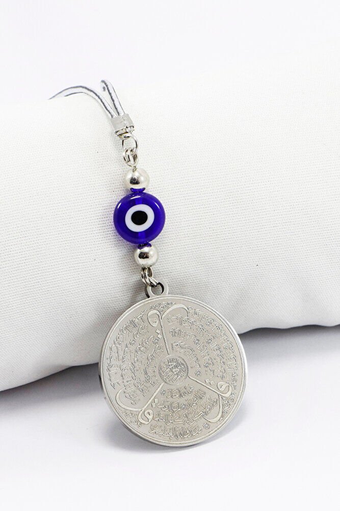 Yassı Nazarlı Gümüş Renkli Ayetel Kürsi Allah Lafzı Felak Nas İhlas Paslanmaz Çelik Araba Ayna Süsü