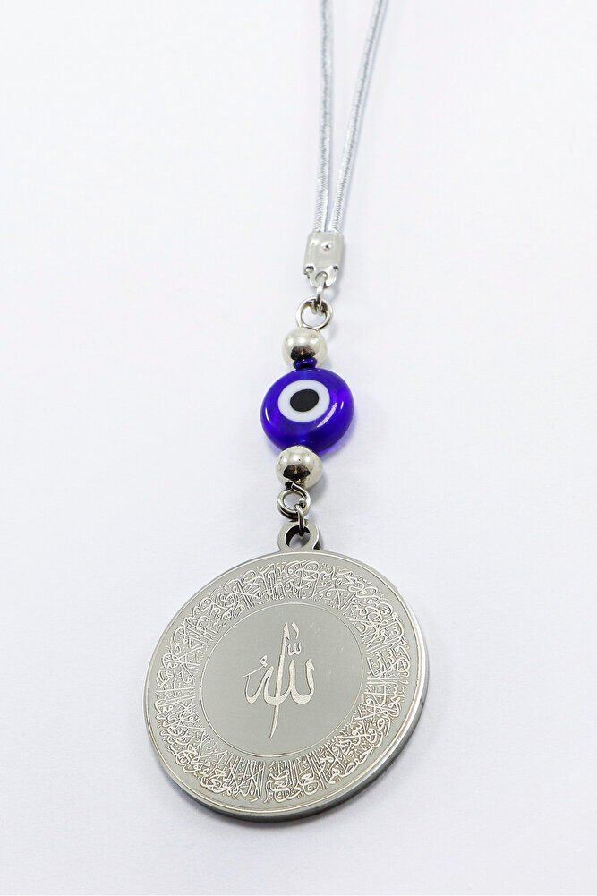 Yassı Nazarlı Gümüş Renkli Ayetel Kürsi Allah Lafzı Felak Nas İhlas Paslanmaz Çelik Araba Ayna Süsü