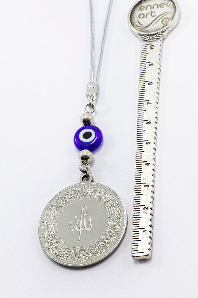 Yassı Nazarlı Gümüş Renkli Ayetel Kürsi Allah Lafzı Felak Nas İhlas Paslanmaz Çelik Araba Ayna Süsü