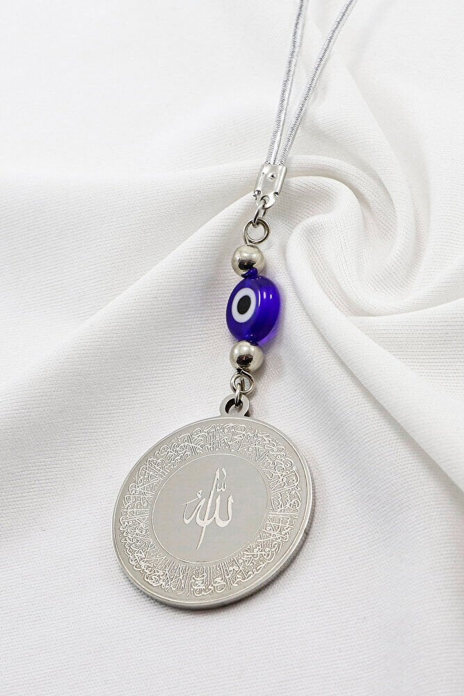 Yassı Nazarlı Gümüş Renkli Ayetel Kürsi Allah Lafzı Felak Nas İhlas Paslanmaz Çelik Araba Ayna Süsü