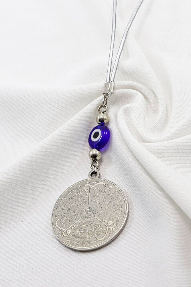 Yassı Nazarlı Gümüş Renkli Ayetel Kürsi Allah Lafzı Felak Nas İhlas Paslanmaz Çelik Araba Ayna Süsü