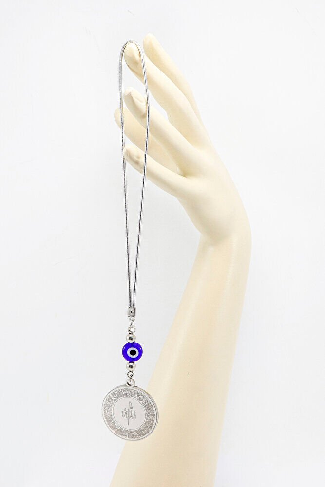 Yassı Nazarlı Gümüş Renkli Ayetel Kürsi Allah Lafzı Felak Nas İhlas Paslanmaz Çelik Araba Ayna Süsü