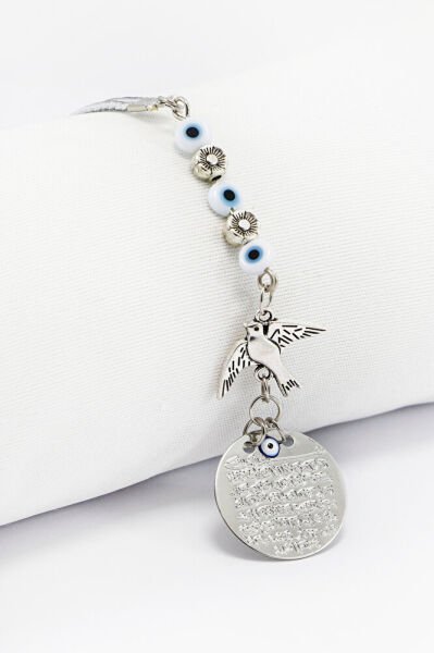 Metal Kuş Çiçek Beyaz Nazar Boncuklu Araba Dikiz Ayna Süsü, Ayetel Kürsi Yeni Araba Hediyesi