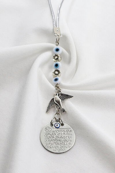 Metal Kuş Çiçek Beyaz Nazar Boncuklu Araba Dikiz Ayna Süsü, Ayetel Kürsi Yeni Araba Hediyesi