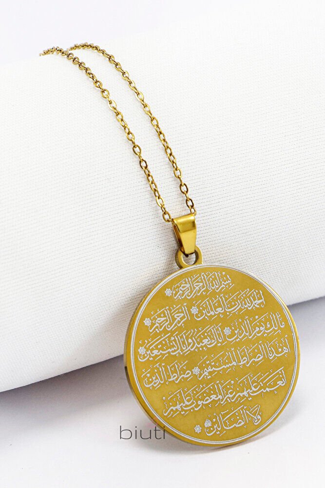Ruhunu Aydınlatan Gold Renkli Nazar Ayeti & Çerçeveli Fatiha Suresi İşlemeli 316L Çelik Kolye 3 cm