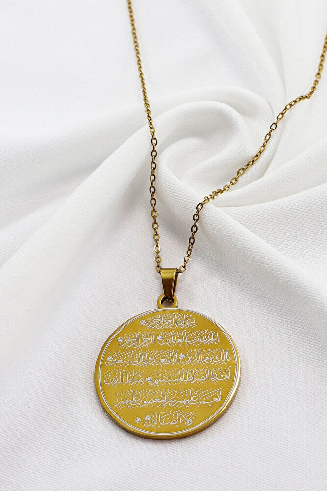 Ruhunu Aydınlatan Gold Renkli Nazar Ayeti & Çerçeveli Fatiha Suresi İşlemeli 316L Çelik Kolye 3 cm