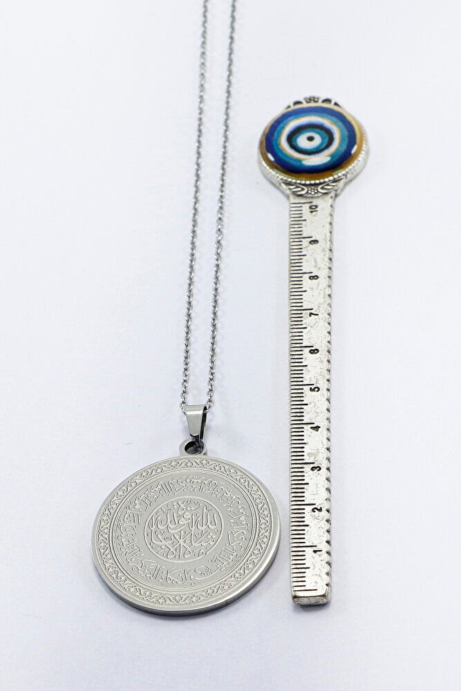 Kalbini Aydınlatan Nazar Ayeti & Çerçeveli Fatiha Suresi İşlemeli 316L Çelik Gümüş Renkli Kolye 3 cm