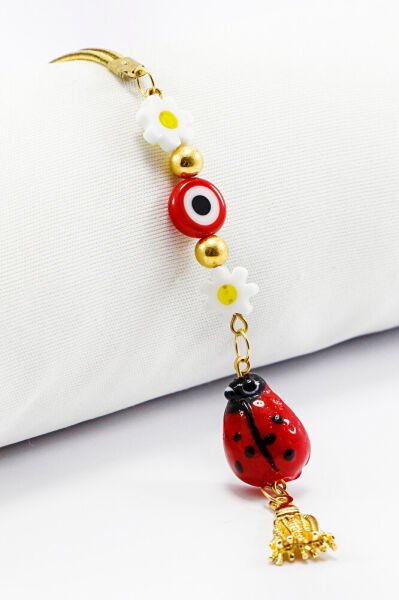 Kırmızı Cam Nazar Boncuklu Püsküllü Dikiz Ayna Süsü Tarz Yeni Papatyalı Araba Hediyesi