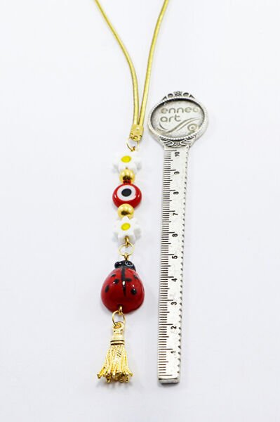 Kırmızı Cam Nazar Boncuklu Püsküllü Dikiz Ayna Süsü Tarz Yeni Papatyalı Araba Hediyesi