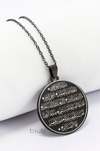 Zihinsel Huzur Nazar Ayeti & Çerçeveli Fatiha Suresi İşlemeli 316L Çelik Siyah Renkli Kolye 3 cm