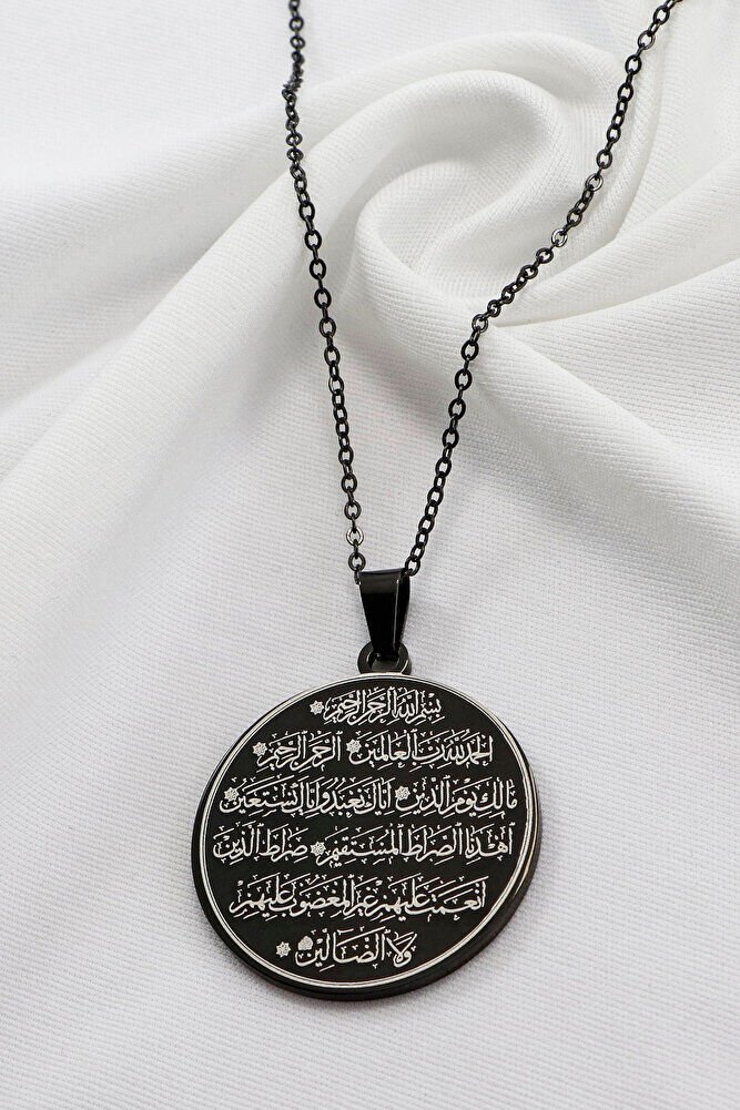 Zihinsel Huzur Nazar Ayeti & Çerçeveli Fatiha Suresi İşlemeli 316L Çelik Siyah Renkli Kolye 3 cm