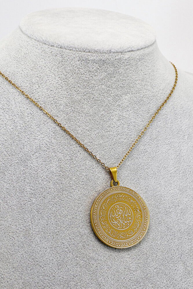 Gold Renkli 316L Paslanmaz Çelik Hat Nazar Ayeti § La İlahe İllallah Lazer Kazıma Kolye 3cm