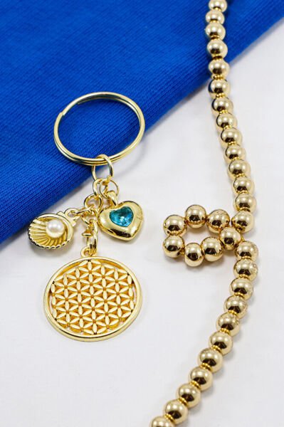 Gold Renkli İncili Deniz Kabuğu Kalpli Yaşam Çiçeği Anahtarlık, Yeni Çanta Süsü