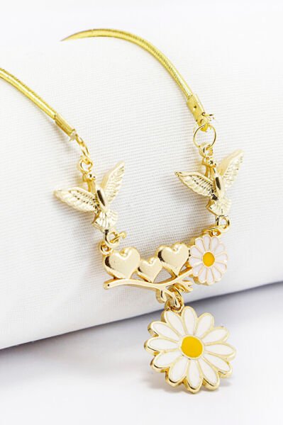 Salkım Papatyalı Kalpli Gold Renkli Araba Dikiz Ayna Süsü, Yeni Araba Hediyesi