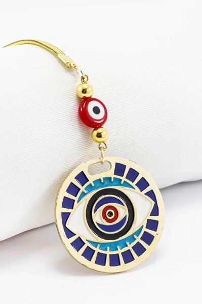 El Yapımı Cam Yassı Nazar Boncuklu Mavi Mineli Desenli Göz Figürlü Araba Dikiz Ayna Süsü